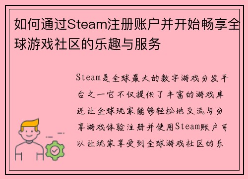 如何通过Steam注册账户并开始畅享全球游戏社区的乐趣与服务